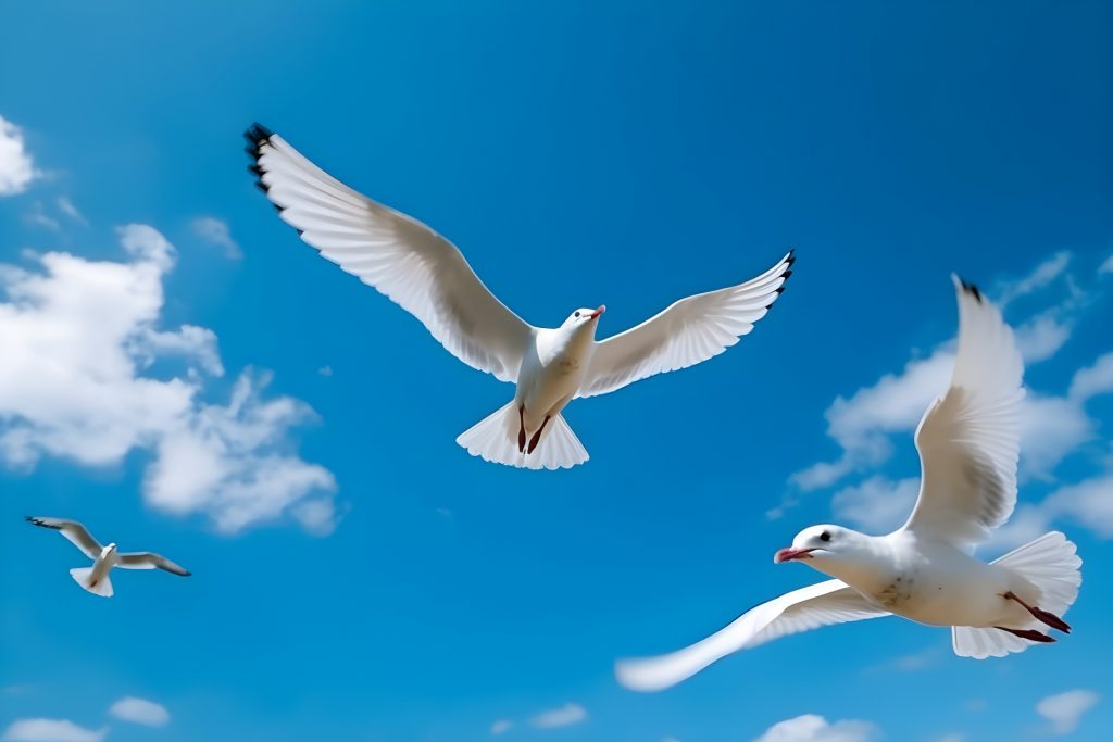 青空に羽ばたく3羽のカモメ