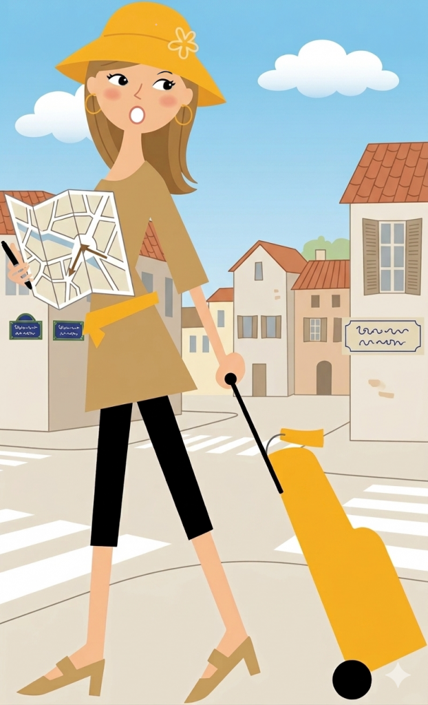 旅行中の女性のイラスト「どっちへ行こうかな」