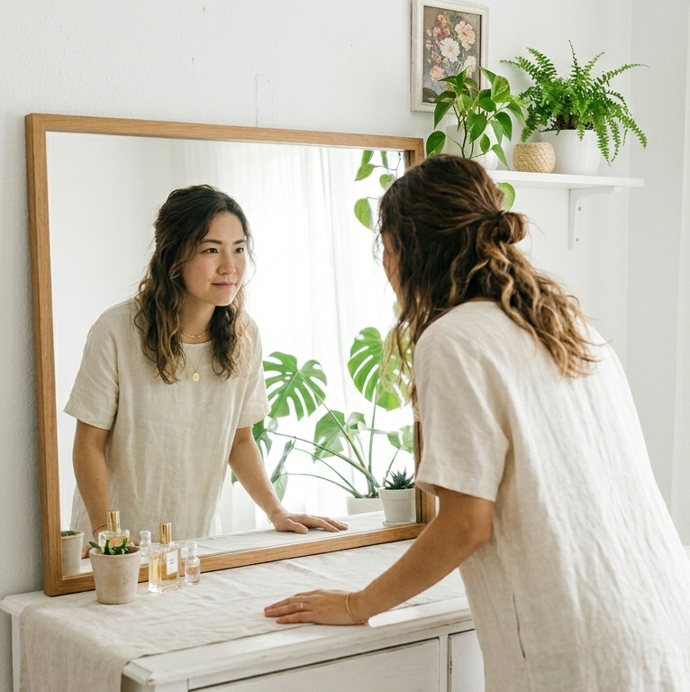 鏡の前で何かを決意した女性の画像