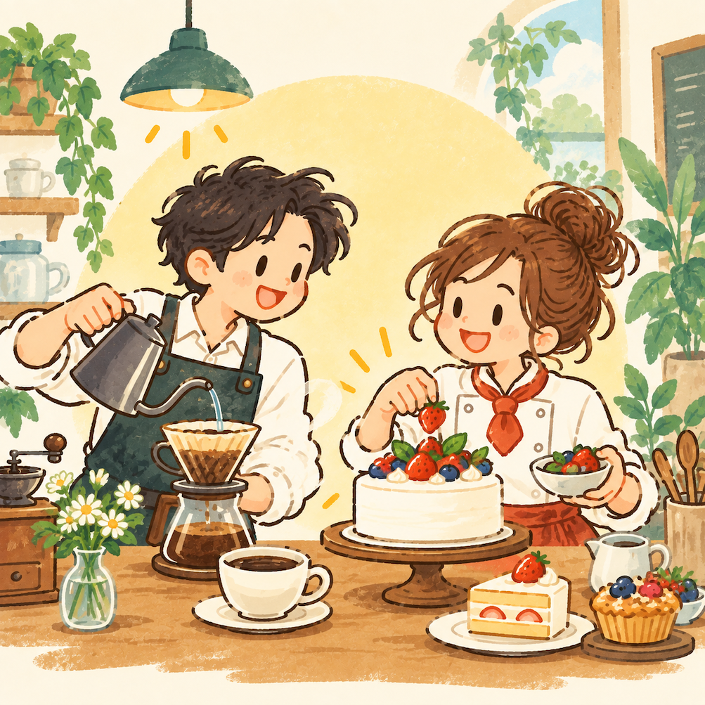 バリスタとパティシエールの二人がそれぞれの才能を持ち寄って、カフェを経営しているイメージ